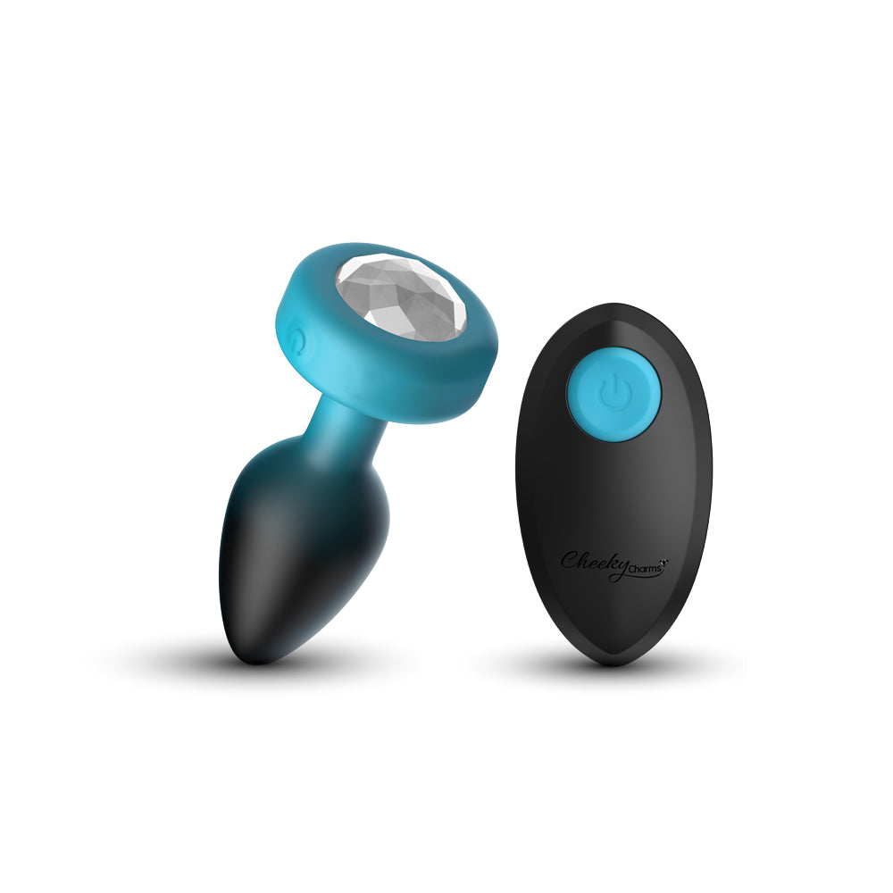 Eluxe Vibrating Clear Gem Blue Ombre Plug Small With Remote with jeweled design and remote control.