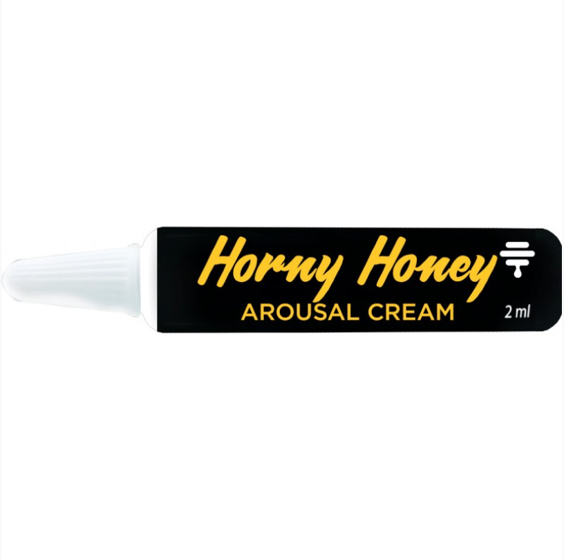 Horny Honey Arousal Cream 144 Piece Display 2ml Tubes trial-size tube on a white background.