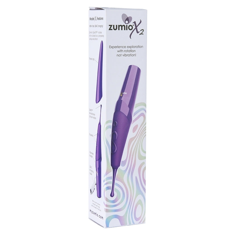 Packaging of the Zumio X2 Clitoral Stimulator Purple featuring unique design and advanced stimulation technology.