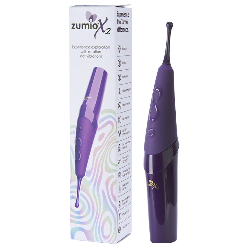 Zumio X2 Clitoral Stimulator Purple with packaging showcasing its advanced design and rotational technology.