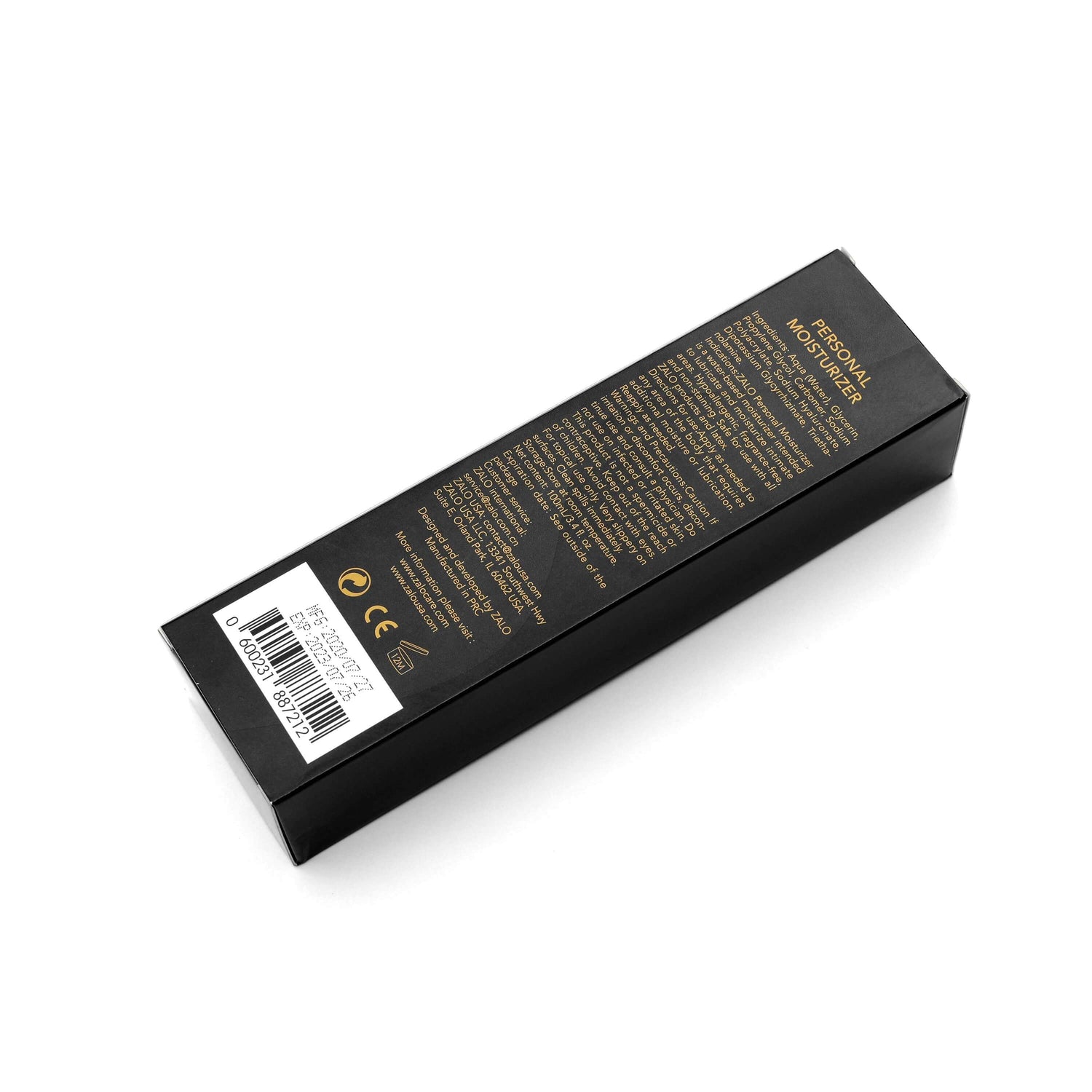 ZALO Personal Moisturizer 3.4 Oz packaging displaying product details and barcode in a sleek black box.