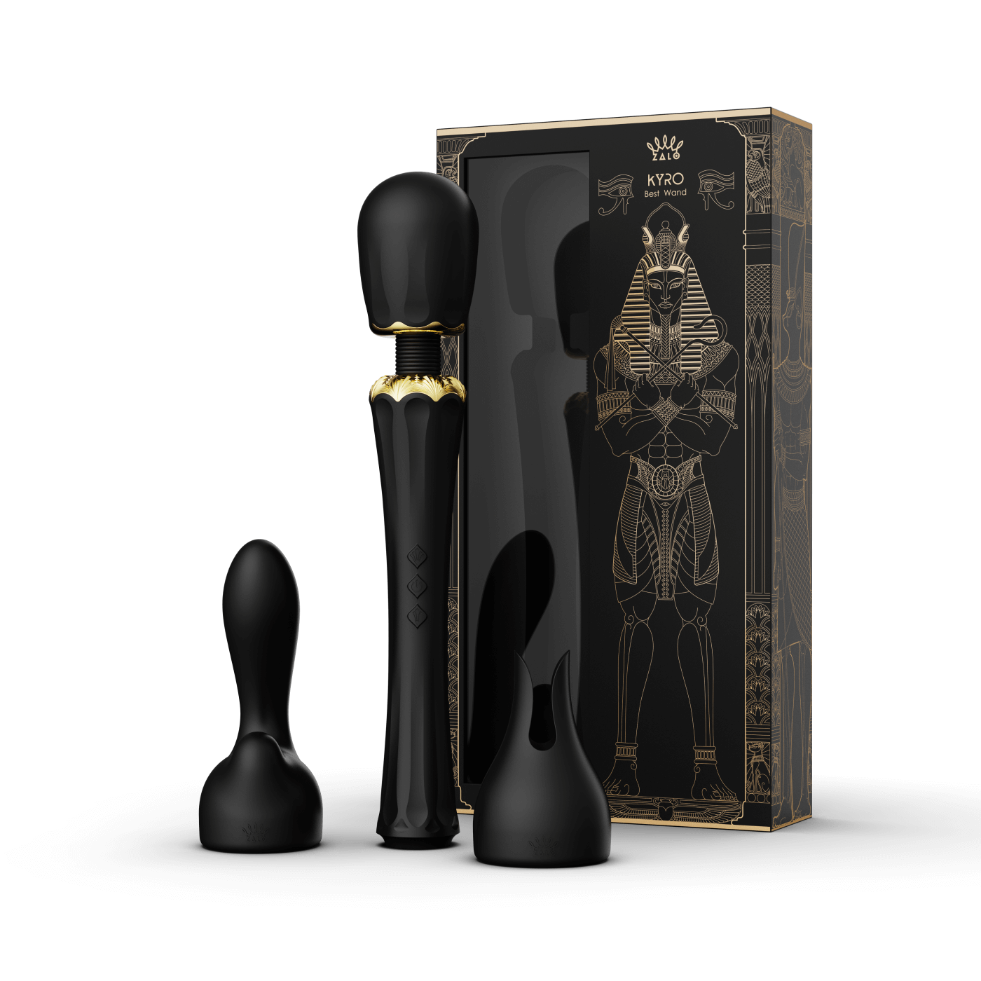 ZALO Kyro Wand Massager Obsidian Black with packaging, inspired by Egyptian pharaohs, featuring innovative Direct Power 2.0 technology