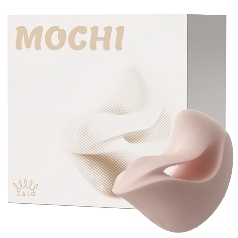 Zalo Mochi Vibrating Massager Sakura Pink displayed with packaging, showcasing its dual-head design and soft texture.