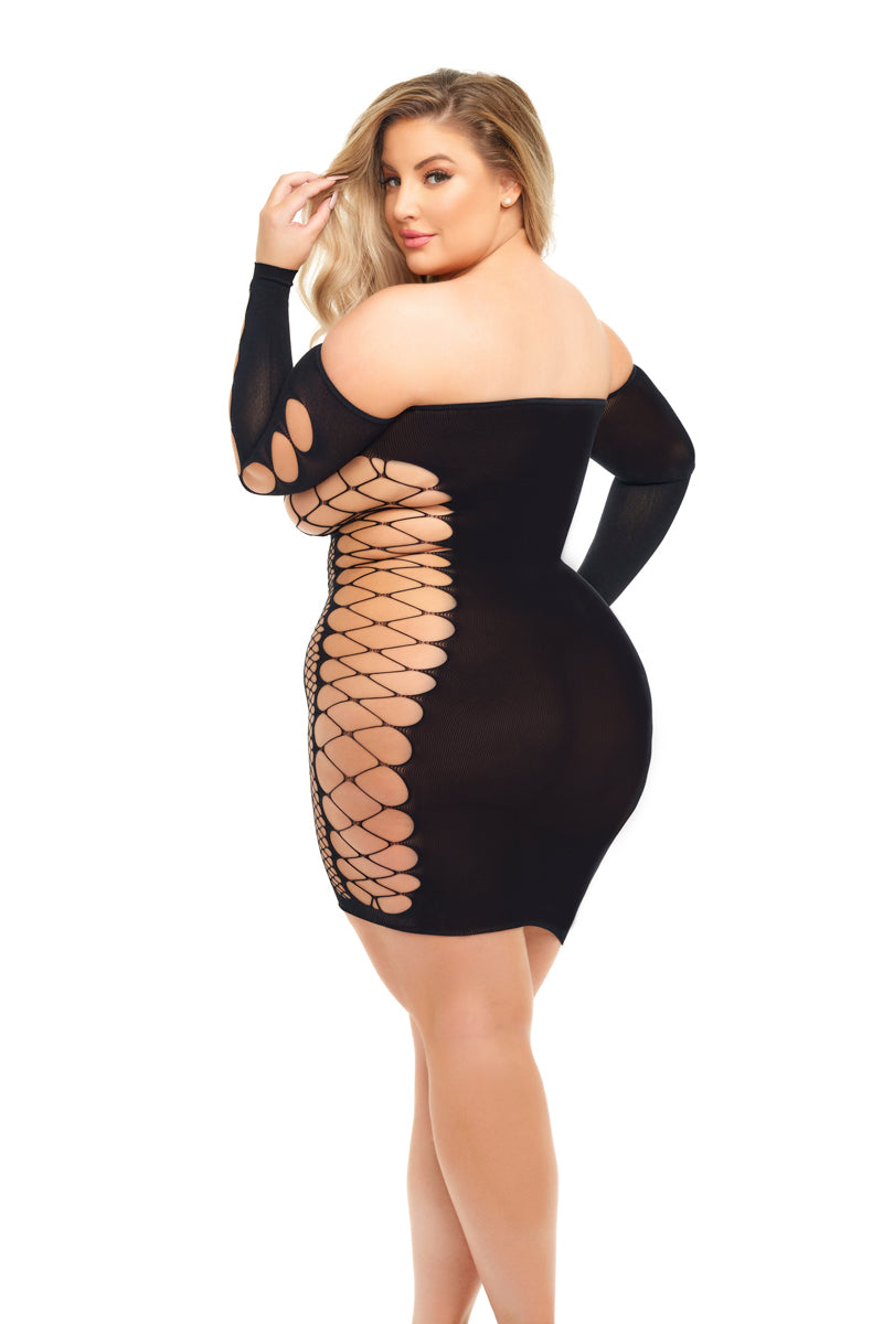 Pink Lipstick Diamond Drippin Dress Queen Size Black showcasing dramatic cutouts and flattering silhouette.
