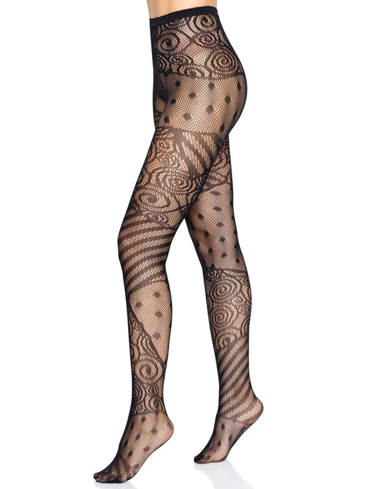 Leg Avenue Doll Net Tights One Size Black featuring intricate patterns of swirls, stripes, and dots in black fishnet.