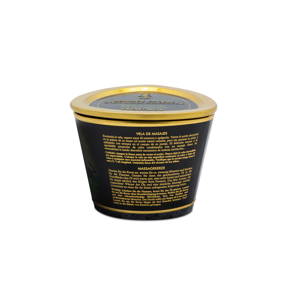 Shunga Massage Candle Aphrodisia Roses 5.7 Oz candle container with black and gold design displaying product information.