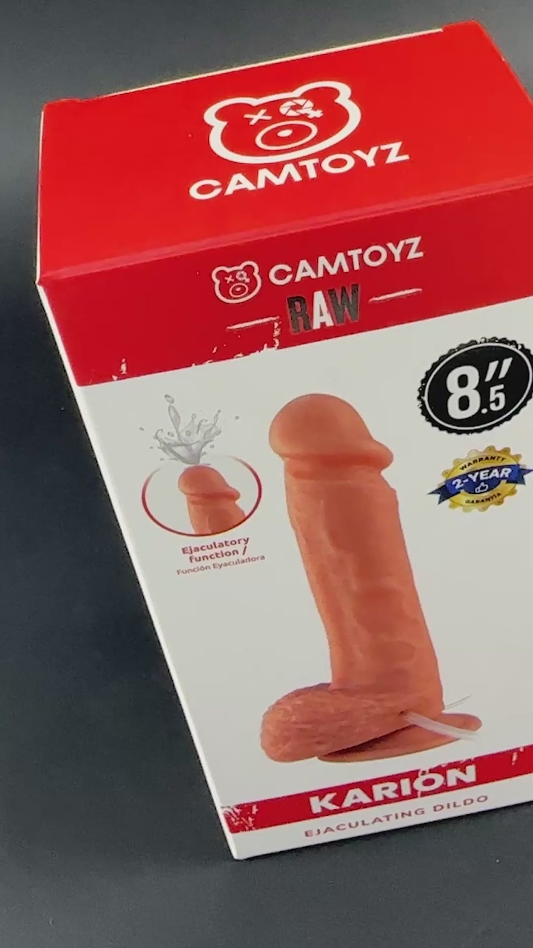 Camtoyz Realistic Squirting Dildo 8.5 inch Karion packaging with product details and features displayed.
