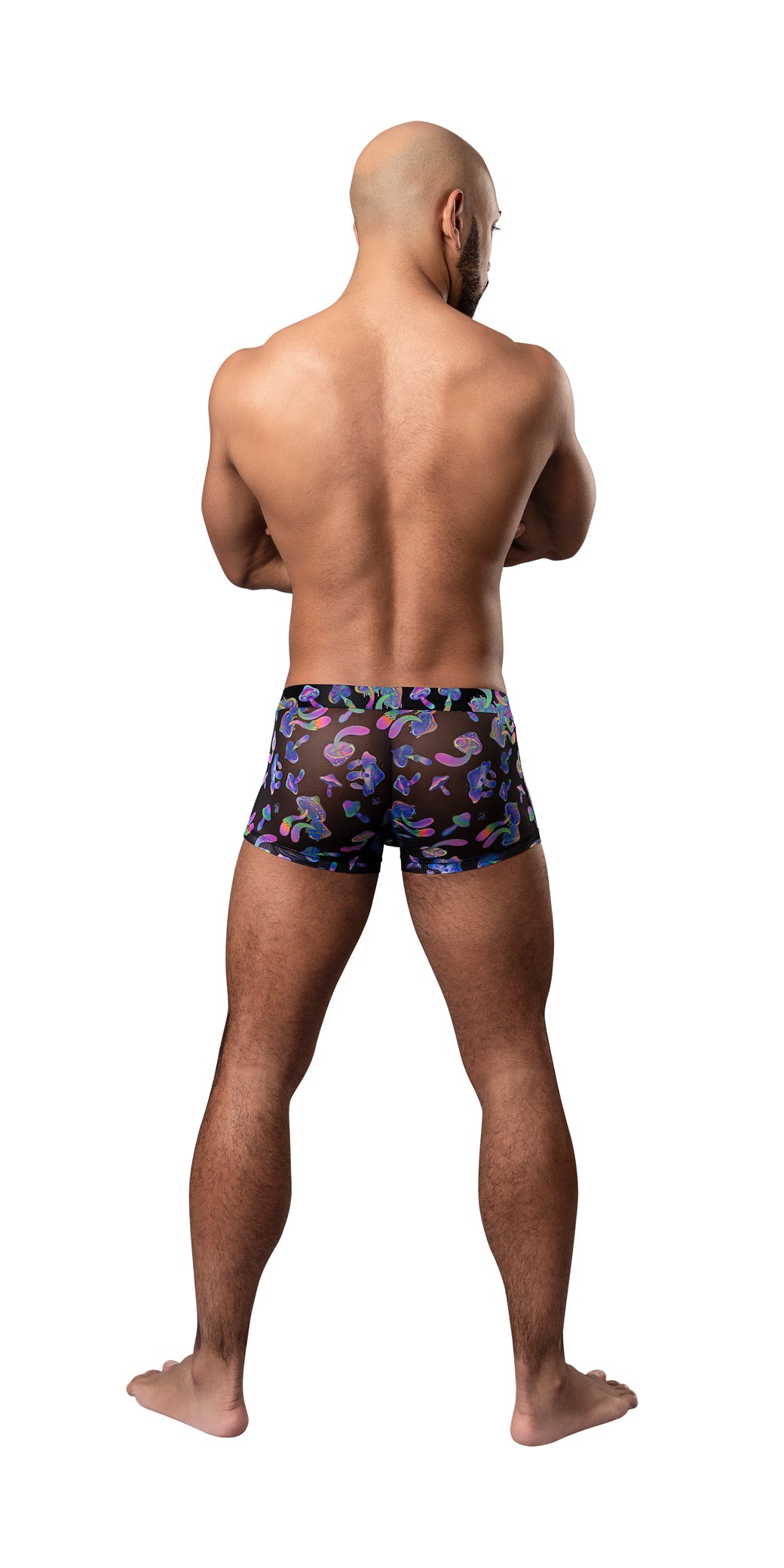 Male Power Hazy Dayz Pouch Short Large Mushroom showcased on a model from behind, displaying the playful mushroom print.