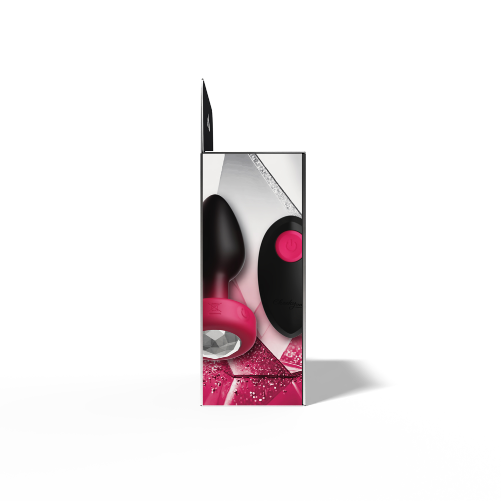 Eluxe Vibrating Ruby Ombre Anal Plug Medium Remote with packaging showcasing its sleek design and features.