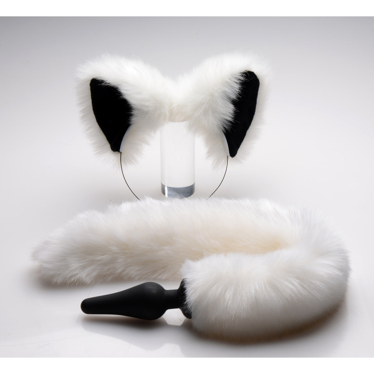 Tailz White Fox Tail Anal Plug and Ears Set featuring fluffy ears and a silicone tail plug for playful roleplay.