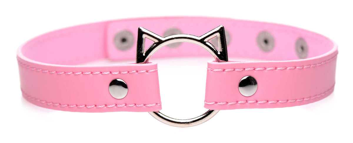 Master Series Kinky Kitty Ring Slim Choker Pink featuring a cat-shaped metal ring and slim pink band.