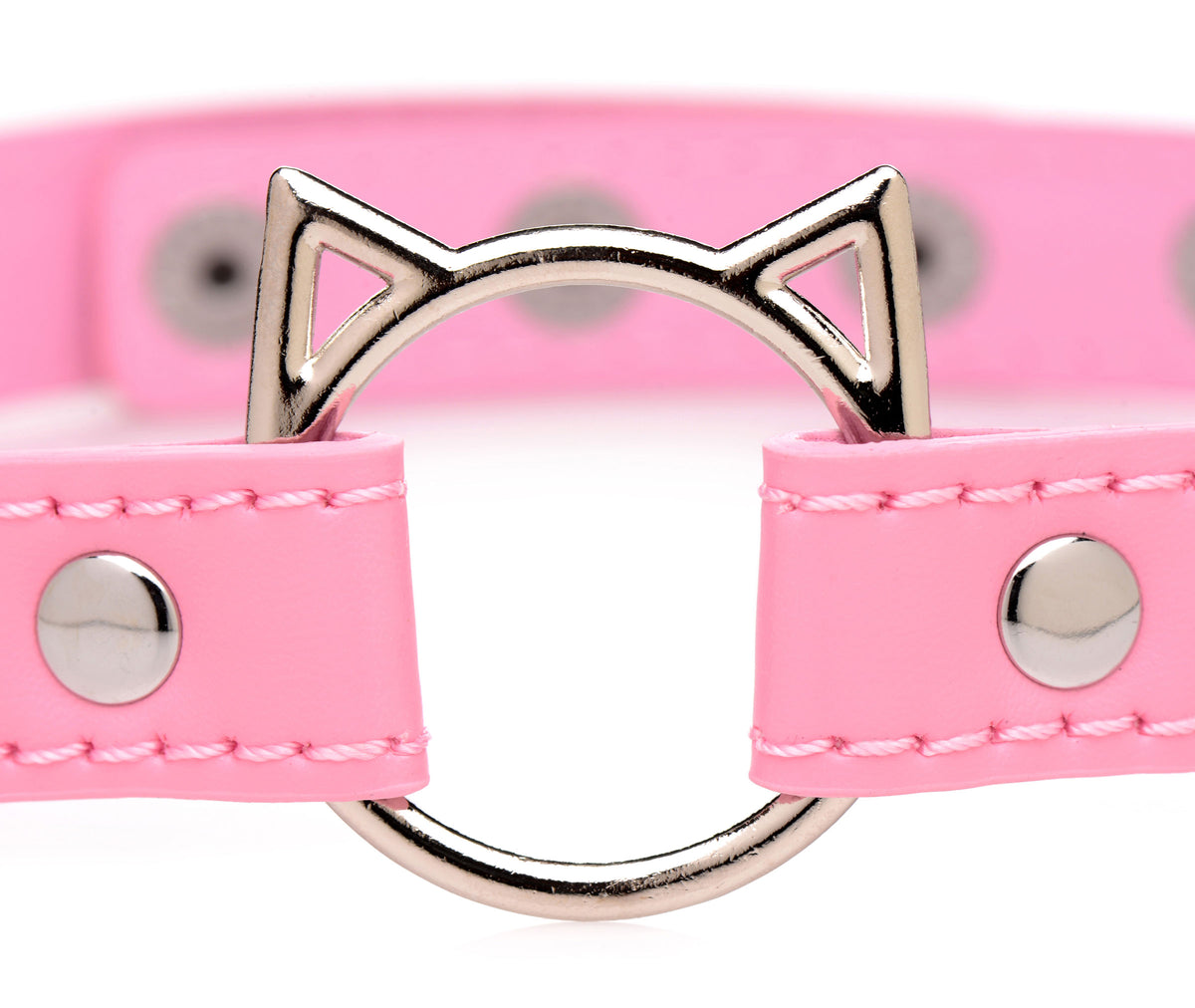 Close-up of Master Series Kinky Kitty Ring Slim Choker Pink featuring a cat-shaped metal ring and pink band.