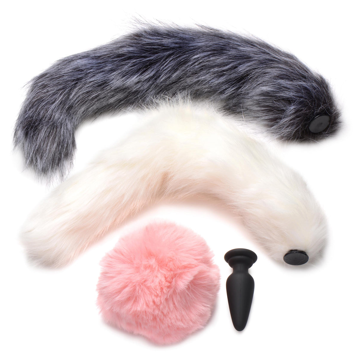 Tailz Silicone Anal Plug with 3 Interchangeable Tails featuring a pink bunny tail, white fox tail, and gray fox tail.