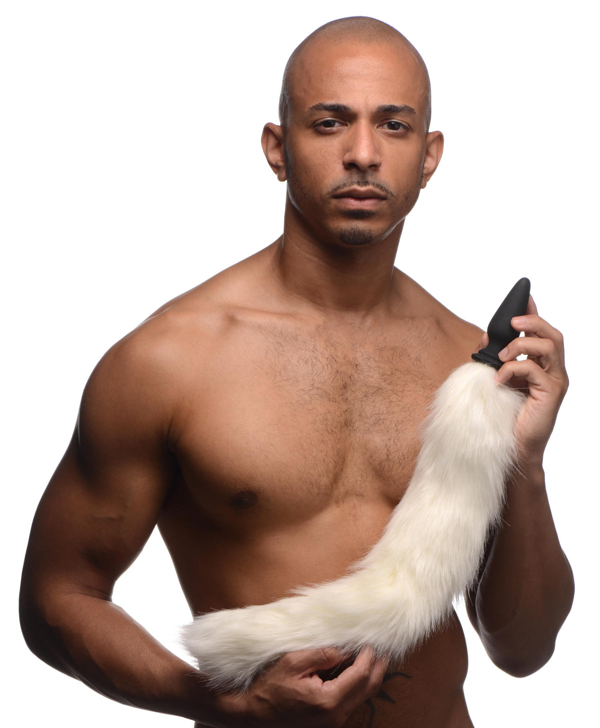 Tailz Silicone Anal Plug with 3 Interchangeable Tails held by a man with a fox tail.