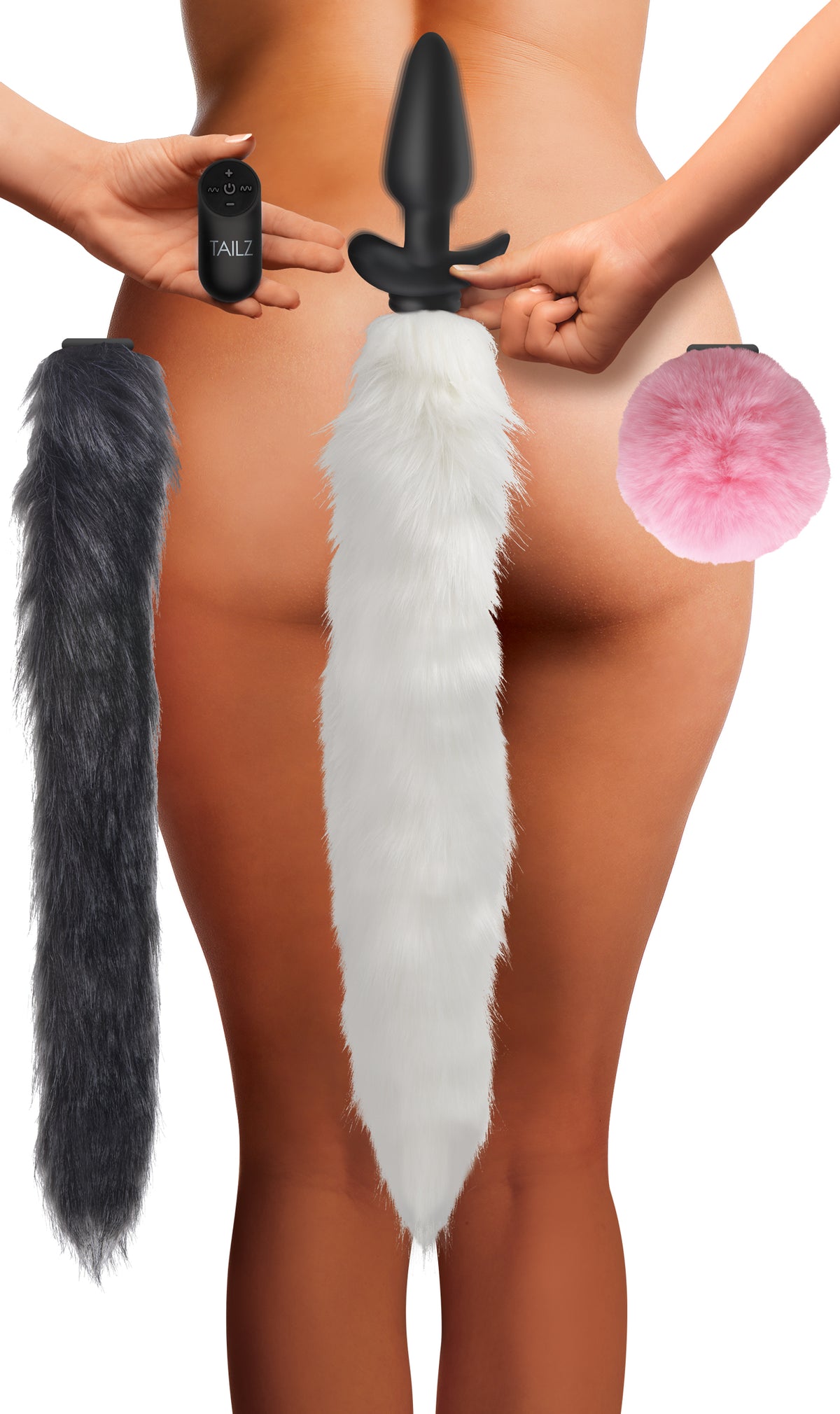 Vibrating Silicone Anal Plug with 3 Interchangeable Tails showing detachable tails in gray, white, and pink.