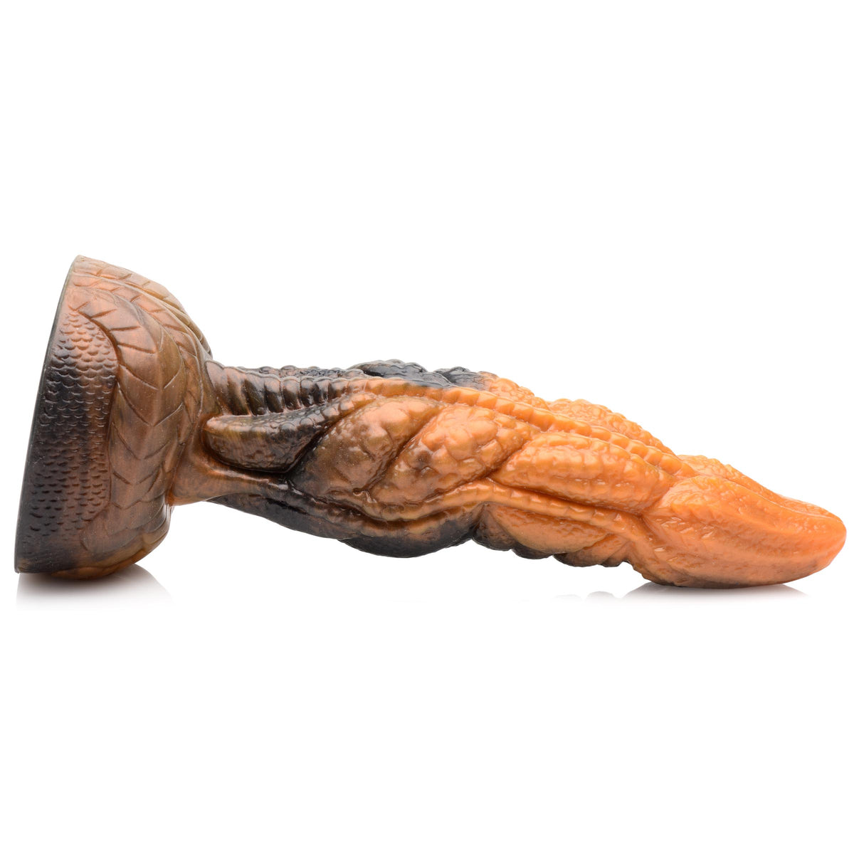 Creature Cocks Ravager Rippled Tentacle Silicone Dildo featuring a textured, marbled design in brown, orange, and black.