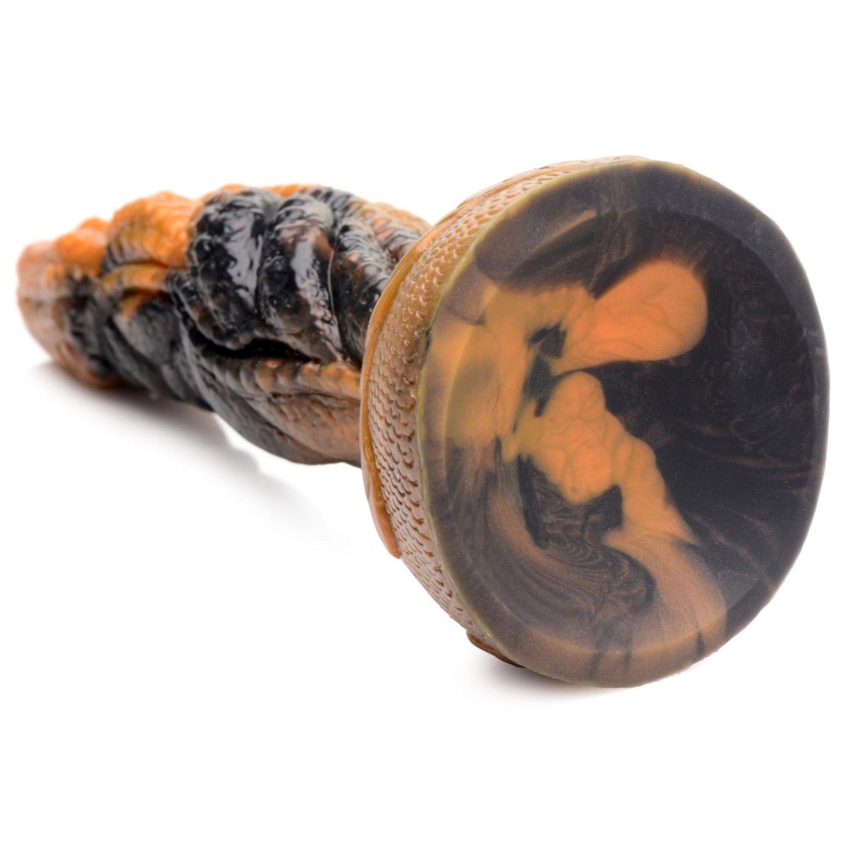 Creature Cocks Ravager Rippled Tentacle Silicone Dildo with marbled brown, orange, and black design.
