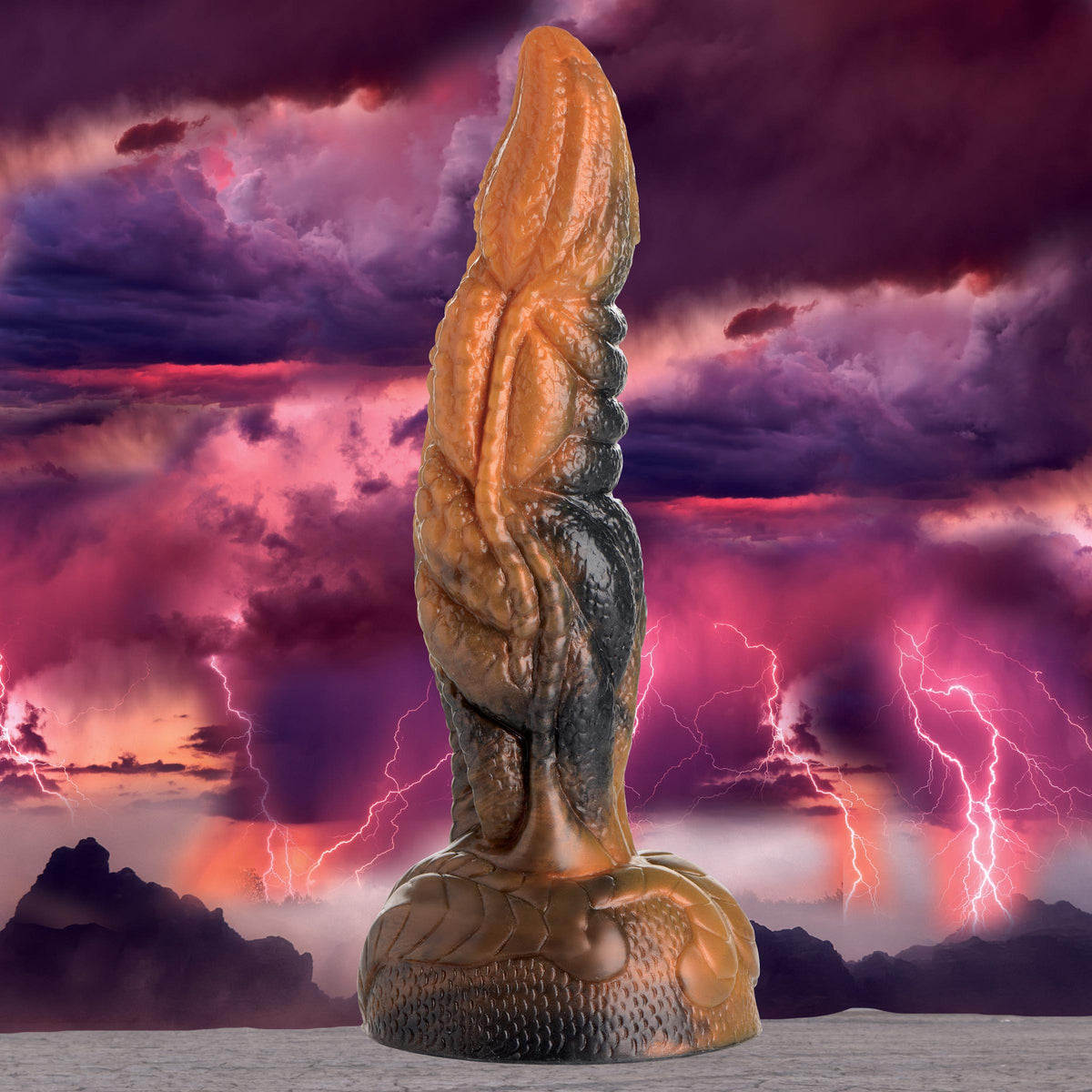 Creature Cocks Ravager Rippled Tentacle Silicone Dildo against a stormy sky background with lightning.