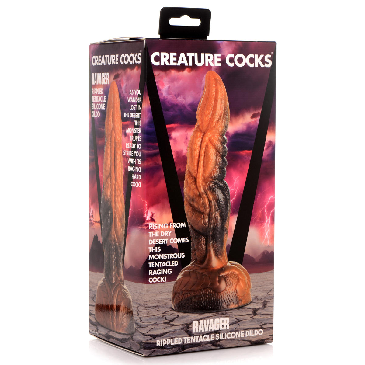 Creature Cocks Ravager Rippled Tentacle Silicone Dildo packaging featuring a muscular tentacle design against a stormy backdrop.
