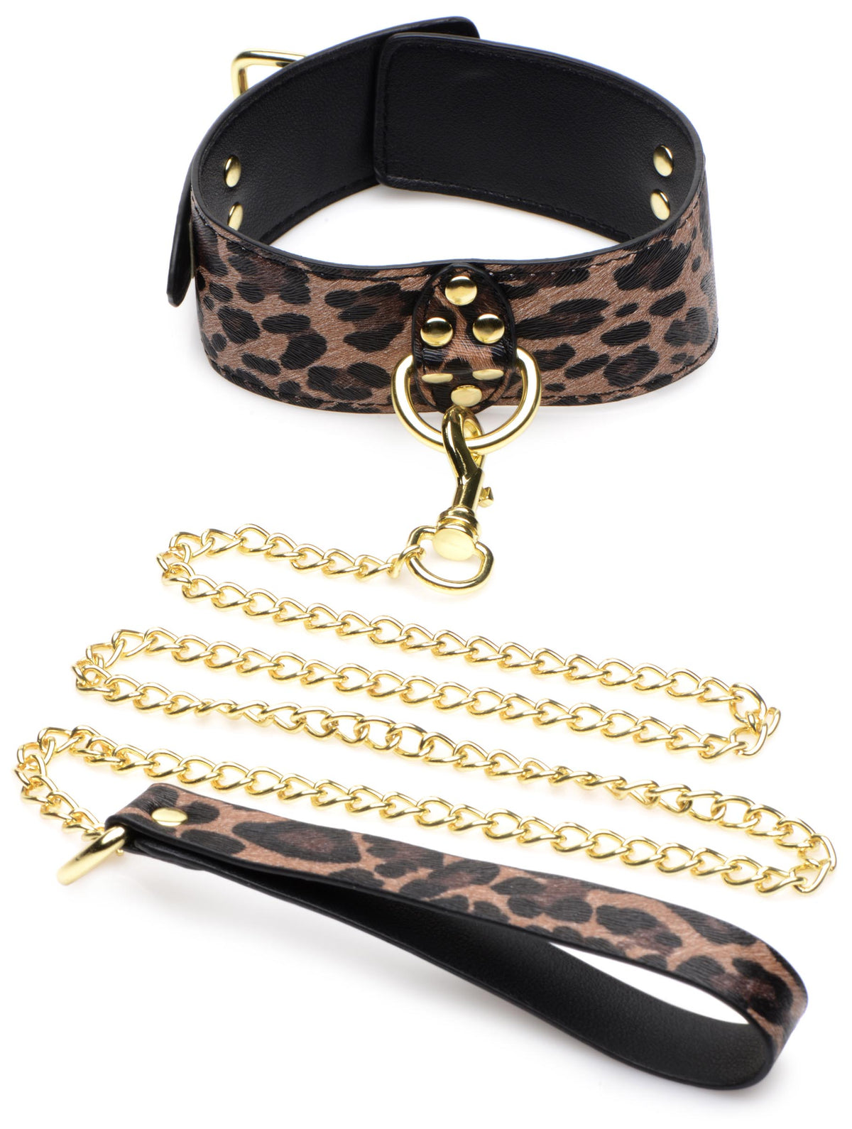 Master Series Wild Sex 7 Piece Jaguar Print Bondage Set adjustable collar with leash in leopard print design.