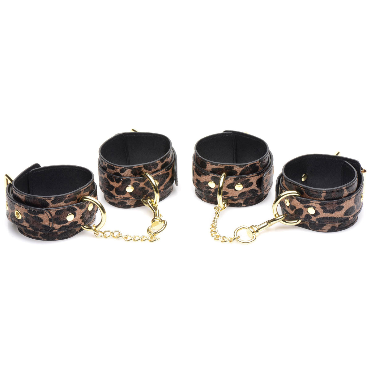 Master Series Wild Sex 7 Piece Jaguar Print Bondage Set includes stylish cuffs with gold hardware.