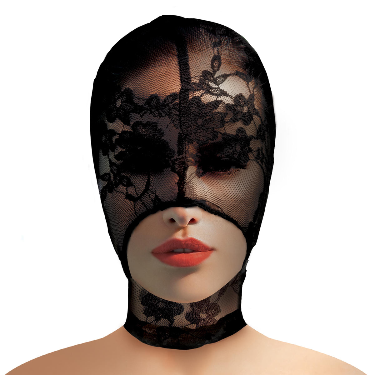 Master Series Lace Seduction Bondage Hood Black worn by model, featuring black lace design with open mouth.