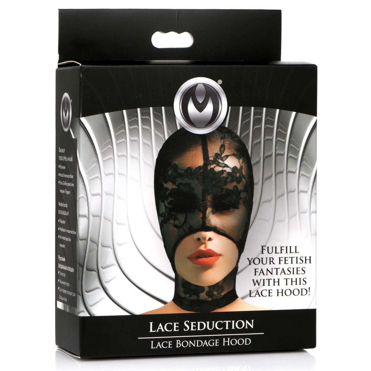 Master Series Lace Seduction Bondage Hood Black packaging showcasing an elegant lace bondage hood.