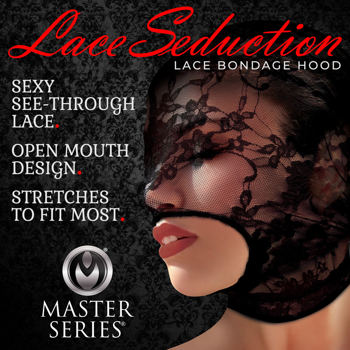 Master Series Lace Seduction Bondage Hood Black features sexy see-through lace, open mouth design, and stretches to fit most.