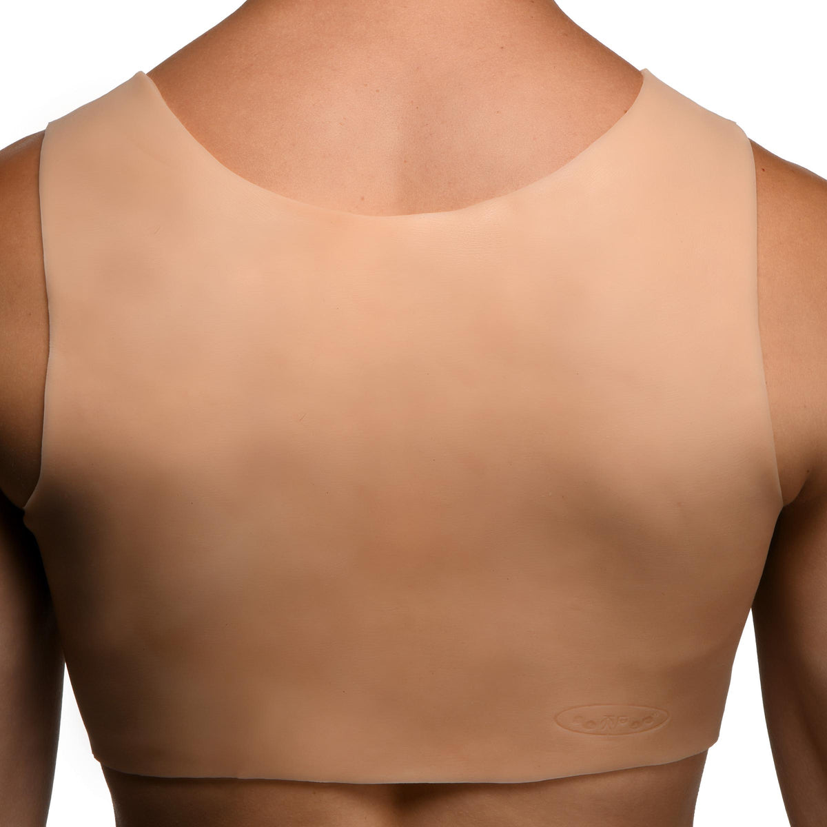 Master Series Perky Pair D-Cup Wearable Silicone Breasts shown from the back on a model for cosplay and drag use.