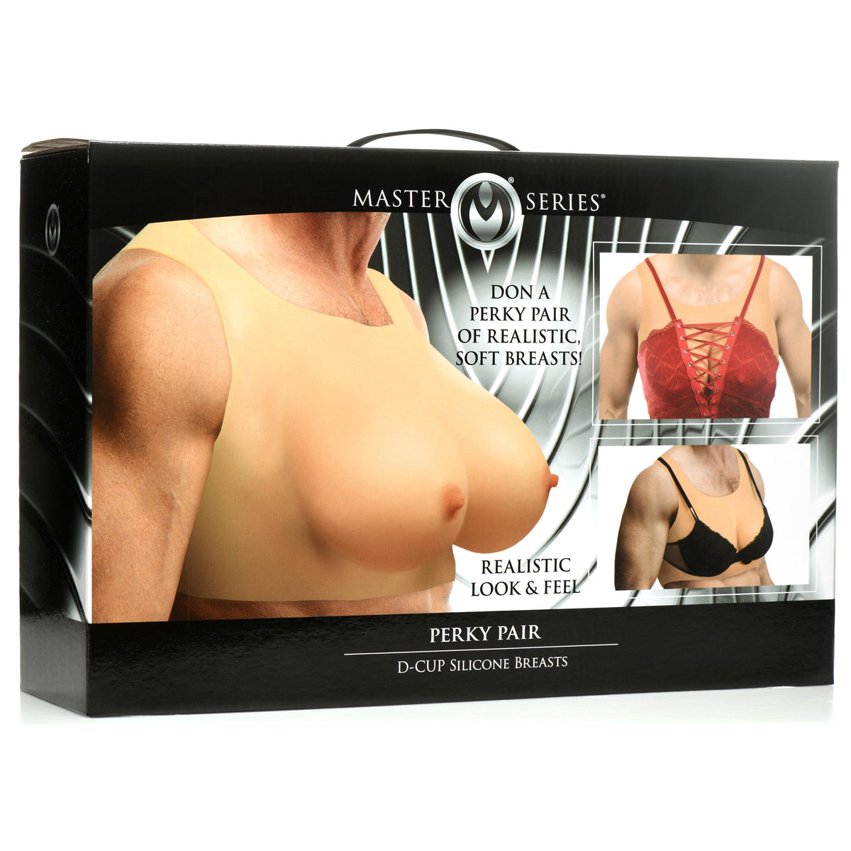 Master Series Perky Pair D-Cup Wearable Silicone Breasts packaging showcasing realistic silicone breasts for roleplay.