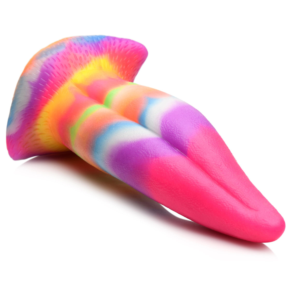 Unicorn Kiss Unicorn Tongue Glow-in-the-Dark Silicone Dildo in vibrant colors, glowing in low light, playful design.