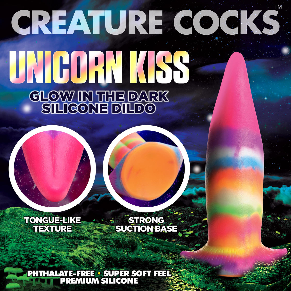 Unicorn Kiss Unicorn Tongue Glow-in-the-Dark Silicone Dildo with tongue-like texture and strong suction base against a cosmic background.