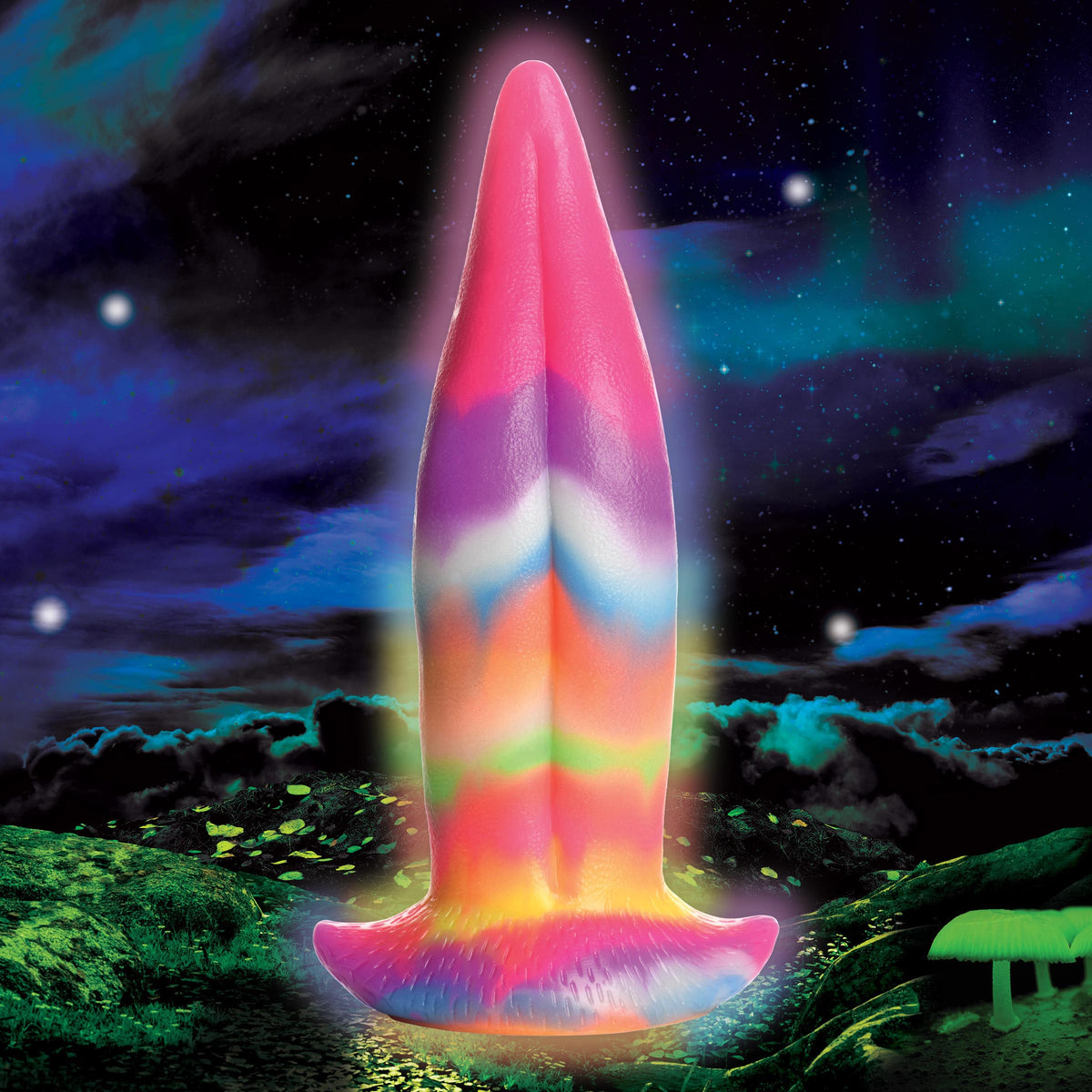 Unicorn Kiss Unicorn Tongue Glow-in-the-Dark Silicone Dildo in vibrant colors against a dreamy night background.