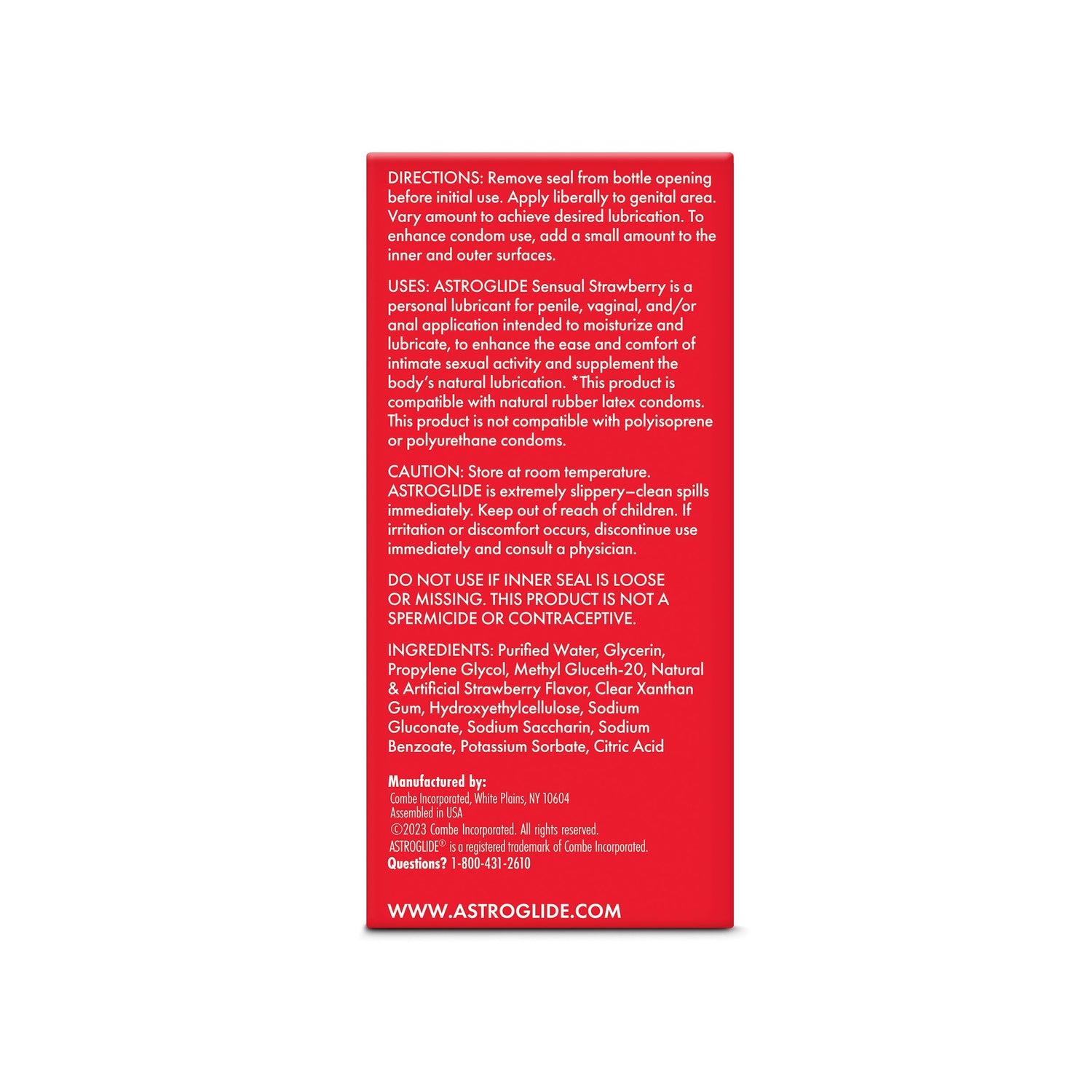 Astroglide Strawberry Water-based Lubricant 2.5 Oz product directions and ingredient details on a red background.