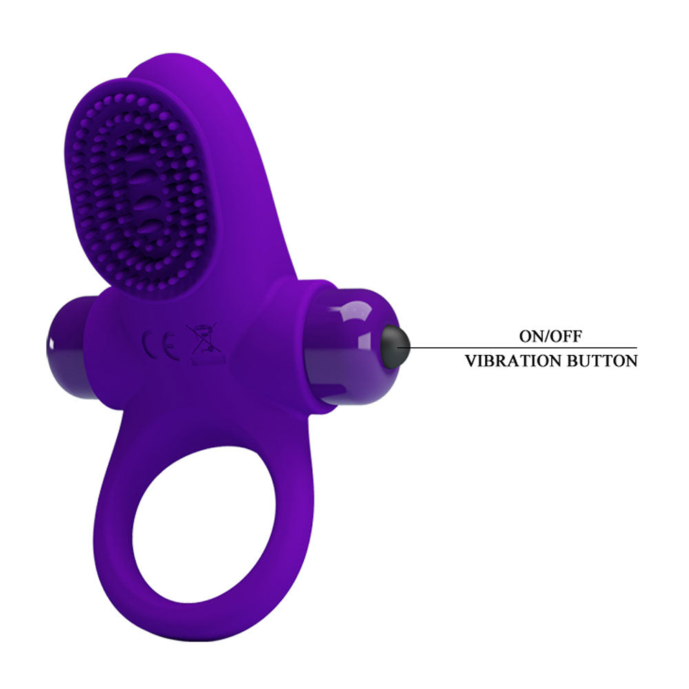 Pretty Love Vibrating Cock Ring II Purple features a textured silicone design with a vibration button for enhanced pleasure.