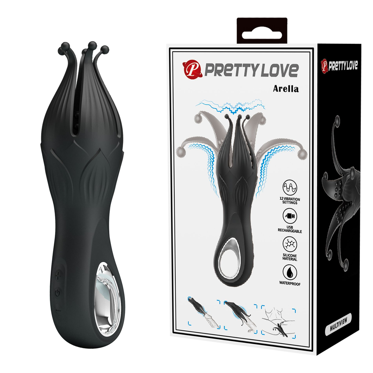 Pretty Love Arella Multi Petal Stimulator Black beside its packaging showcasing octopus-inspired design and features.