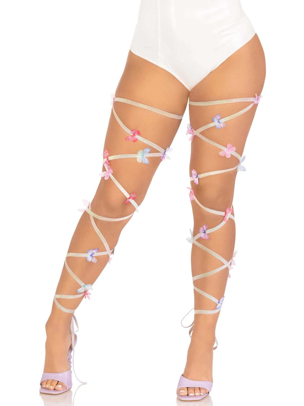 Leg Avenue Butterfly Leg Wraps One Size Multicolor with colorful butterflies on silver garter wraps for a whimsical look.