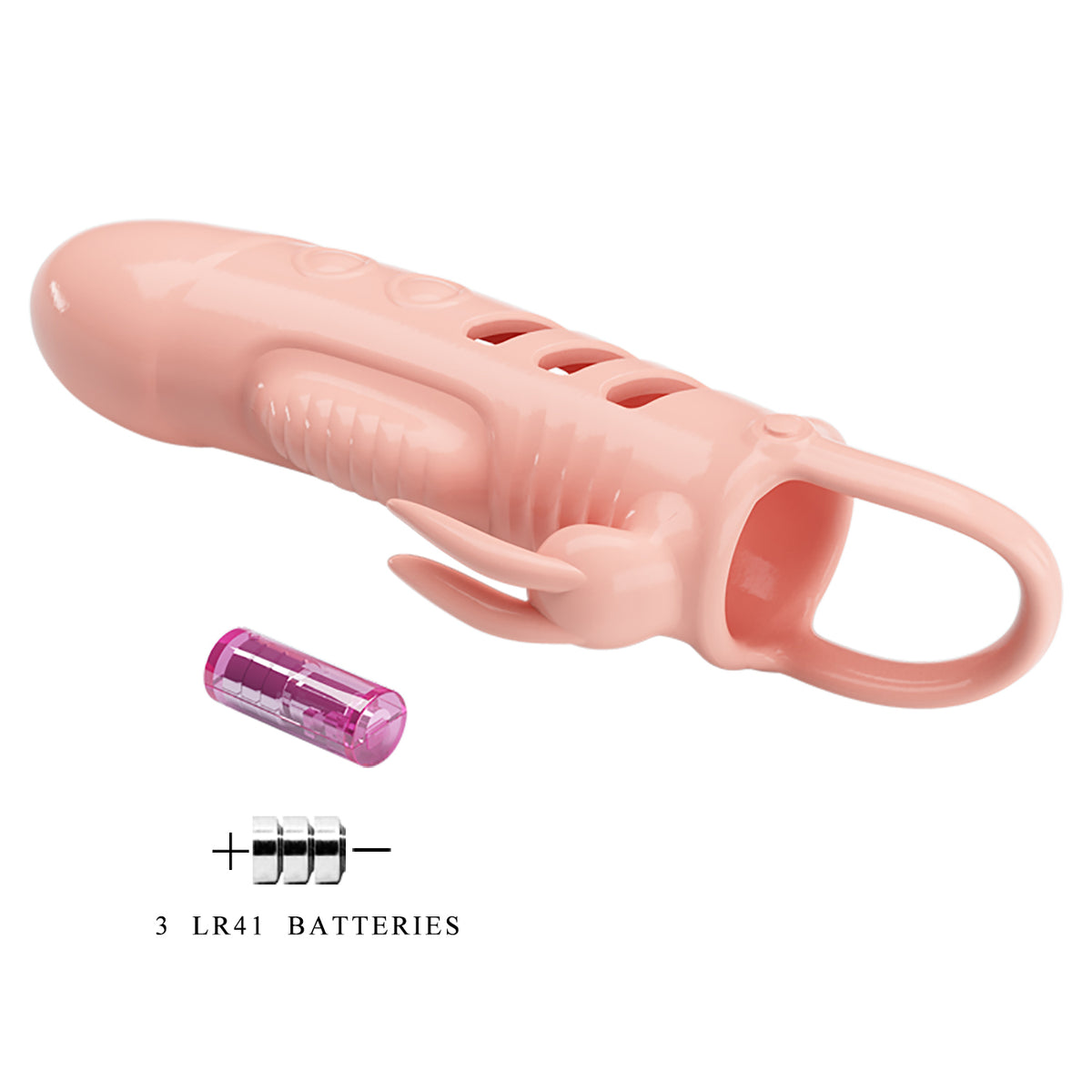 Pretty Love Penis Sleeve Sloane Flesh with vibrating features and included batteries for enhanced pleasure.