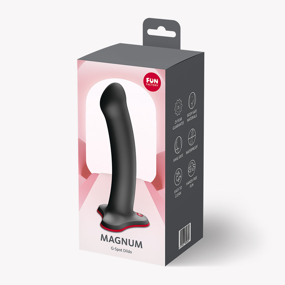 Fun Factory Magnum G-Spot Dildo Black in packaging, designed for G-spot and anal stimulation.