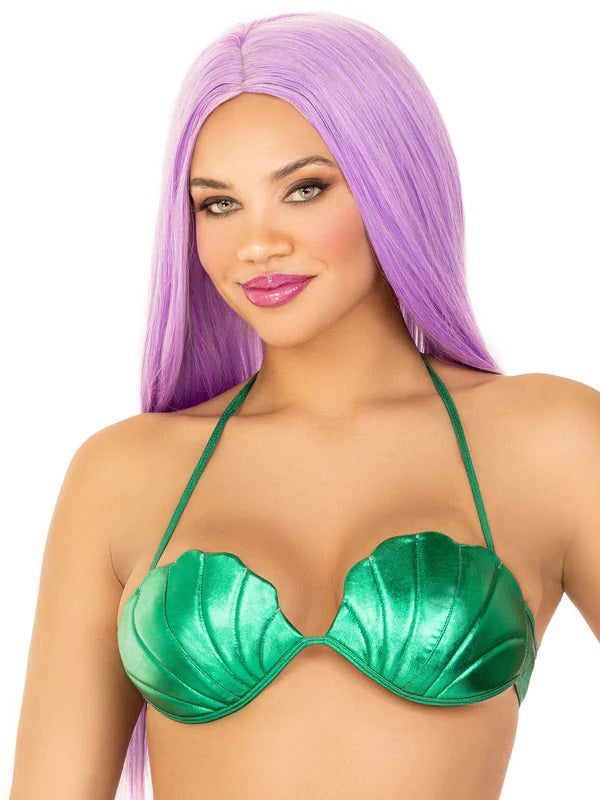 Leg Avenue Mermaid Shell Bra Top Medium Green on a model with purple hair, showcasing seashell cups for a playful look.