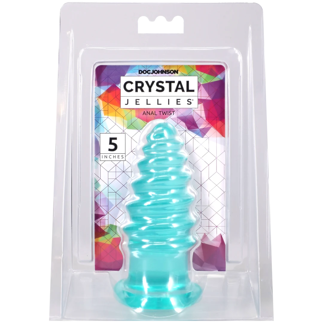 Crystal Jellies Anal Twist 5 Inch Teal anal toy in clear packaging with colorful design.