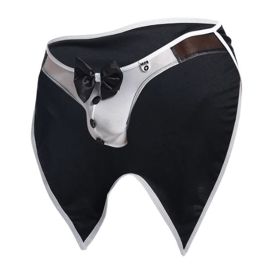 Mob Buttler Costume Black Medium featuring playful tuxedo styling with buttons and bow tie.