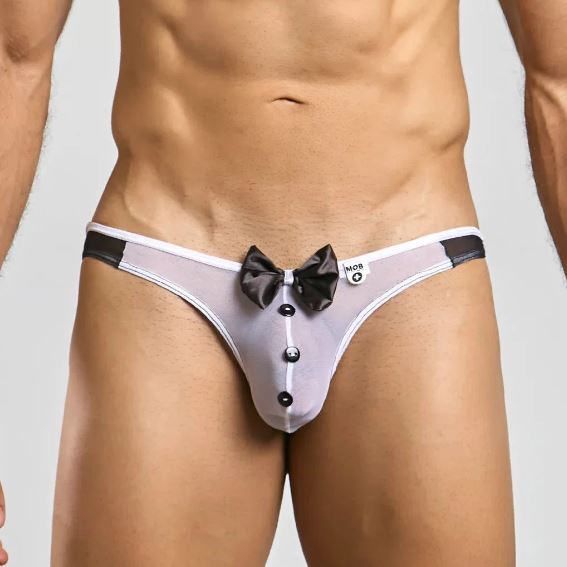 Mob Buttler Costume Black Medium stylish male underwear featuring a bow tie and button details.