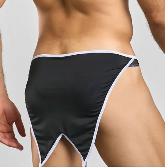 Male Basics Mob Buttler Costume Black Small showing detailed stitching and playful design from behind.