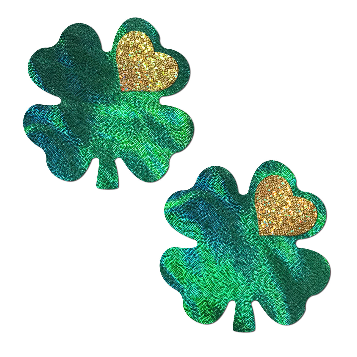Pastease Holographic Green Clover Full Coverage Pasties with gold glitter heart accent.