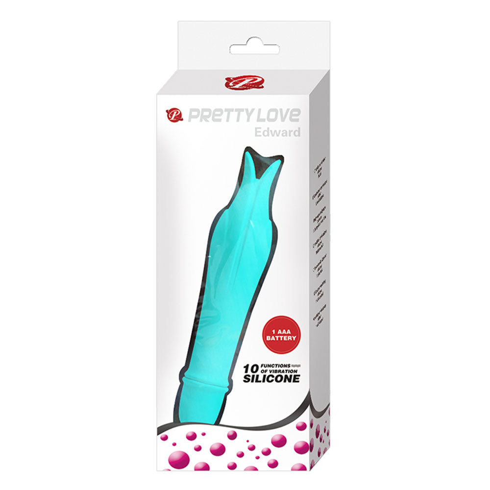 Pretty Love Edward G-Spot Vibrator Blue in packaging, featuring playful dolphin shape for G-spot stimulation.