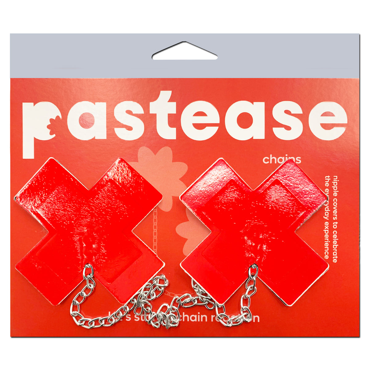 Pastease Faux Latex Red Plus X Pasties With Silver Chain, glossy red cross design with silver chain on packaging.