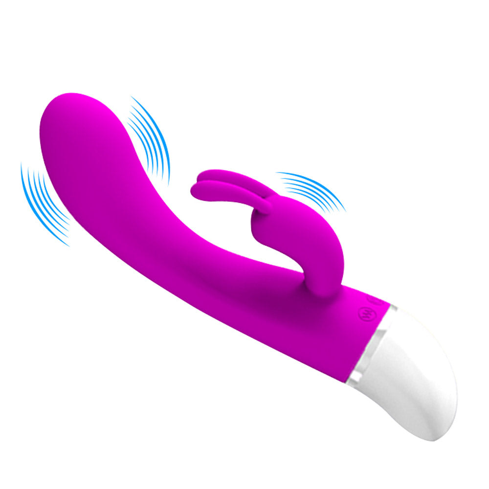 Pretty Love Freda 30 Function Rabbit Vibrator Purple with curved G-spot shaft and clitoral arm for dual-zone stimulation.
