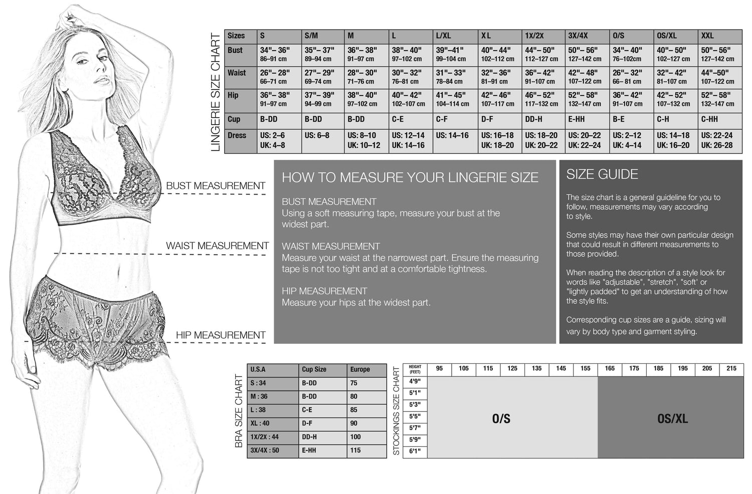 Lingerie size chart detailing measurements for bust, waist, and hip alongside a model wearing lingerie.