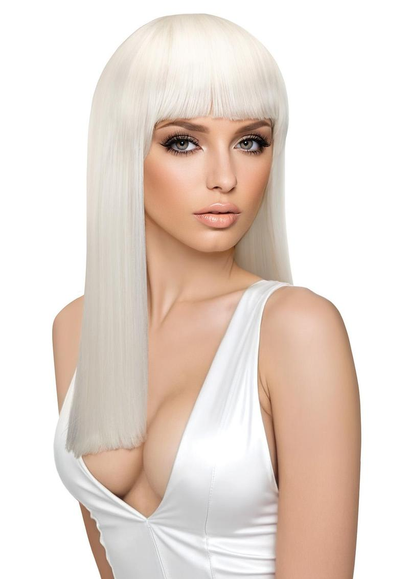 Odessa Premium Stylable Wig Platinum on a model with sleek straight hair and bangs, showcasing a radiant look.